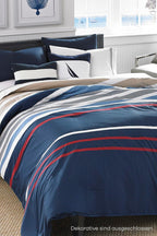 Nautica Home Bradford %100 Pamuk Nevresim Takımı - Lacivert Bej Çok Renkli Çizgili
