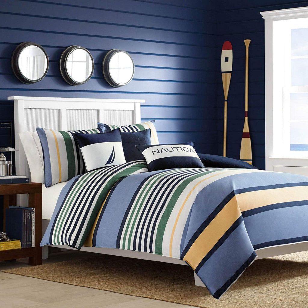 Nautica Home Dover %100 Pamuk Nevresim Takımı - Mavi Yeşil Sarı Çok Renkli Çizgili