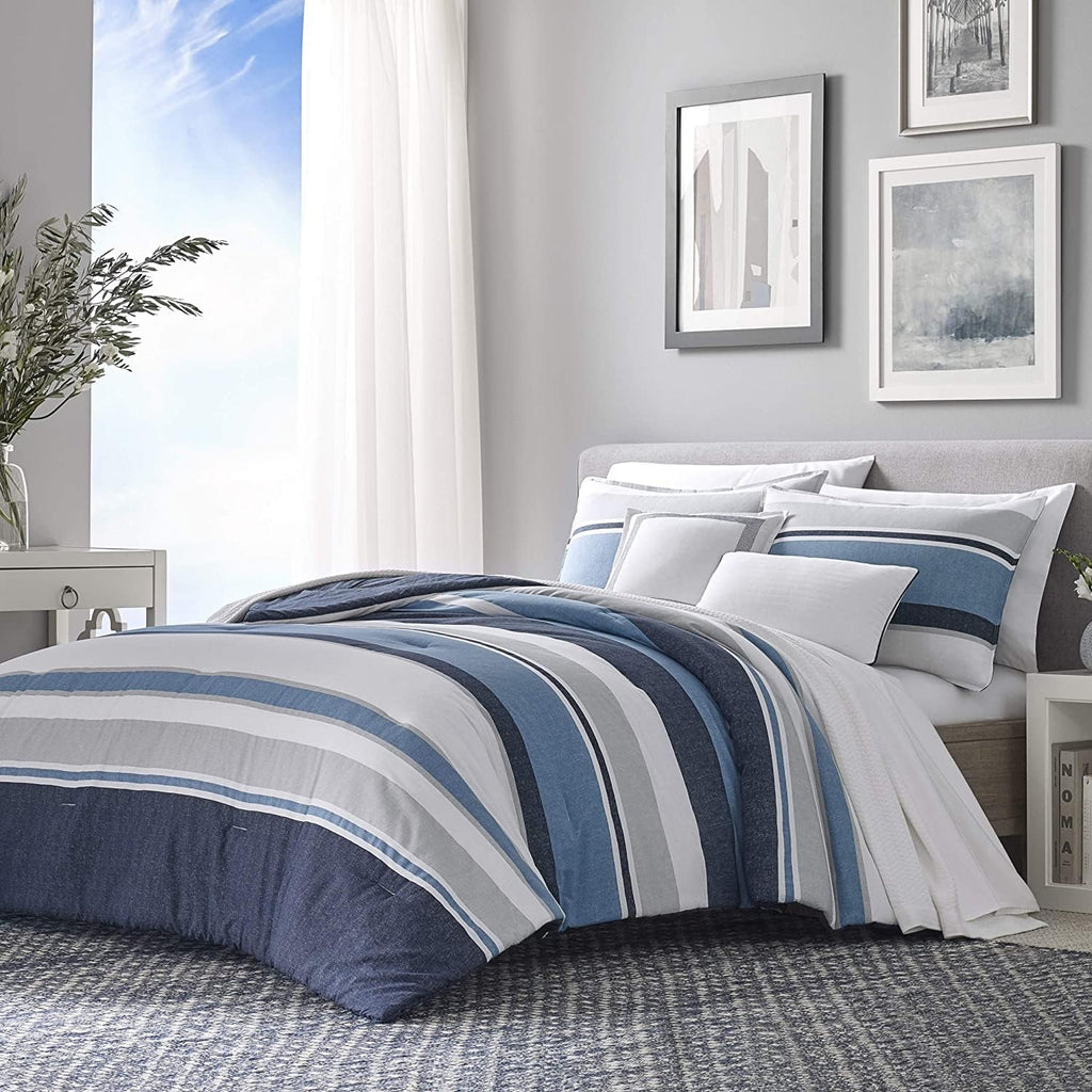 Nautica Home Westport %100 Pamuk Nevresim Takımı - Modern Geniş Çizgili Mavi/Gri