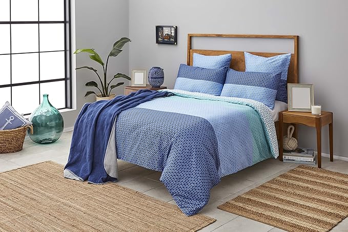 Nautica Home Grace %100 Pamuk Nevresim Takımı - Mavi Geometrik Desenli ve Geçişli