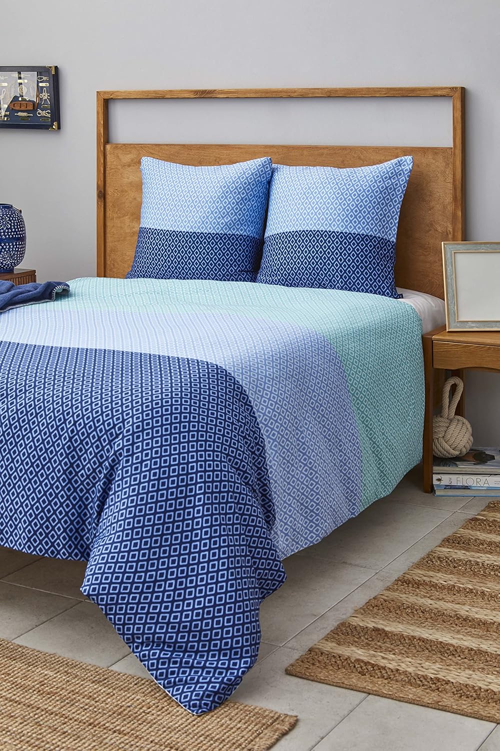 Nautica Home Grace %100 Pamuk Nevresim Takımı - Mavi Geometrik Desenli ve Geçişli