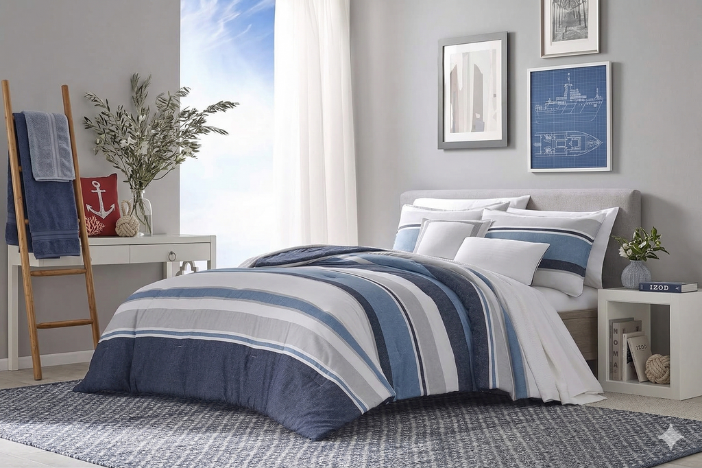 Nautica Home Westport %100 Pamuk Nevresim Takımı - Modern Geniş Çizgili Mavi/Gri