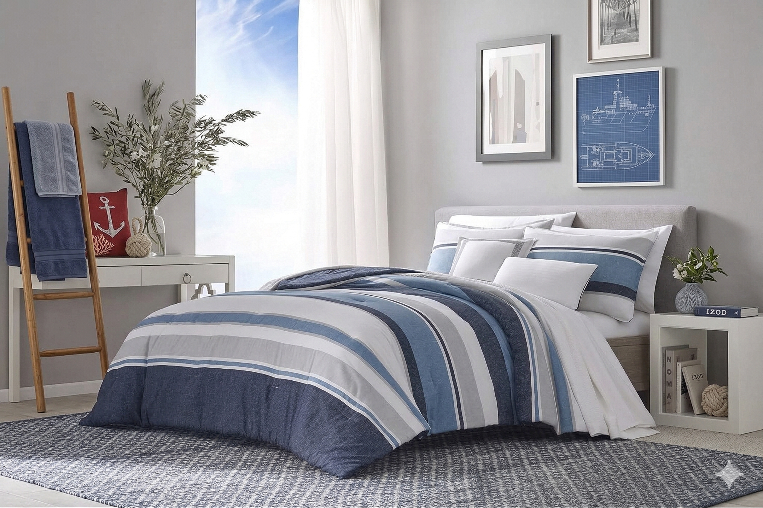 Nautica Home Westport %100 Pamuk Nevresim Takımı - Modern Geniş Çizgili Mavi/Gri