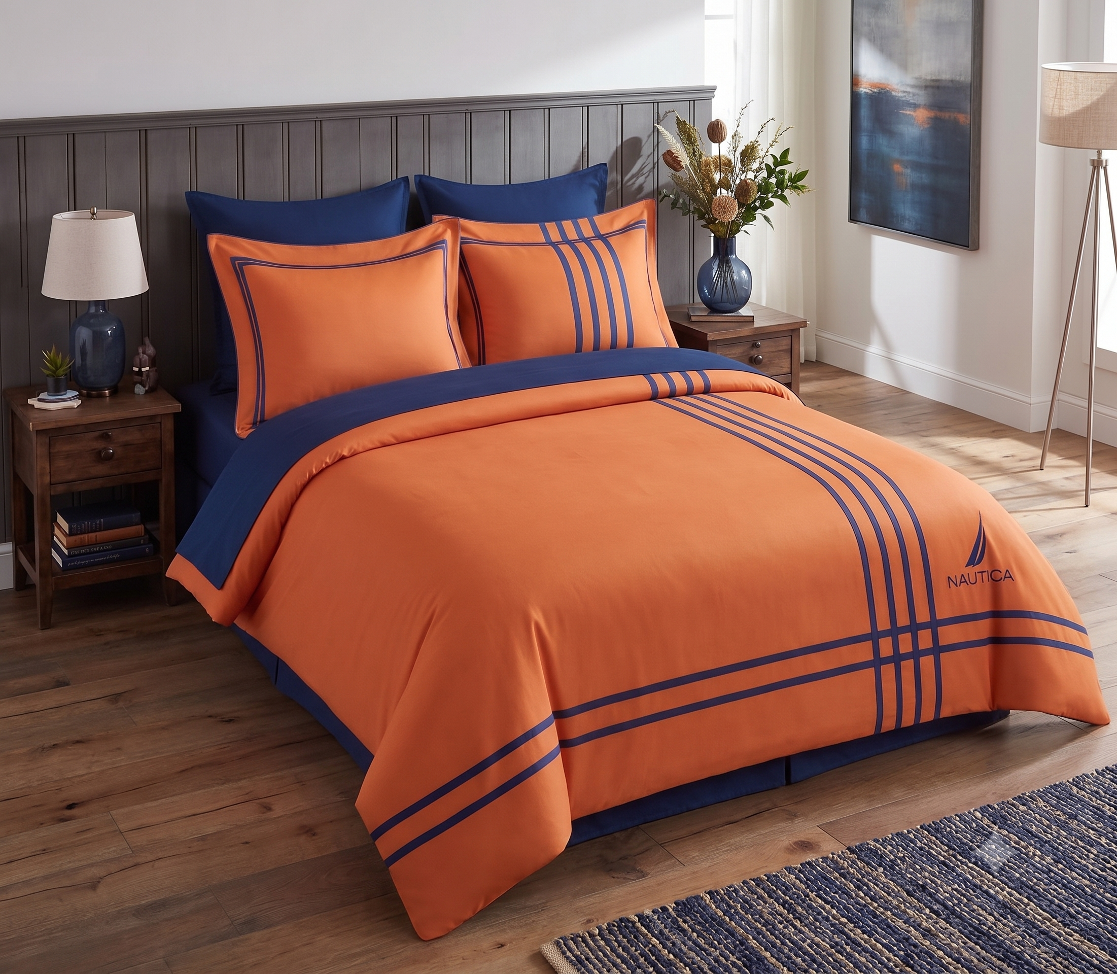 Nautica Home Modern Line Pamuk Saten Çift Kişilik Nevresim Takımı – Turuncu / Lacivert