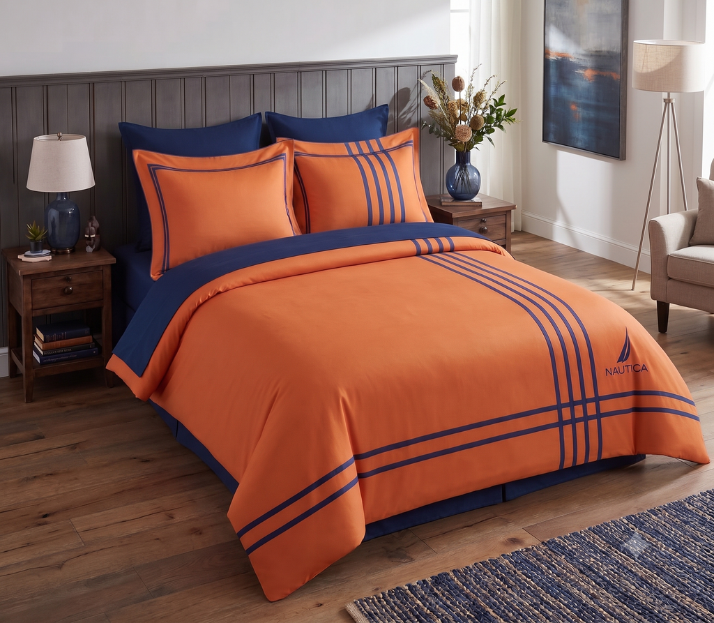 Nautica Home Modern Line Pamuk Saten Çift Kişilik Nevresim Takımı – Turuncu / Lacivert