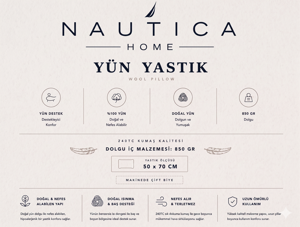 NAUTICA SEA BREEZE 100% DOĞAL YÜN YASTIK 50x70