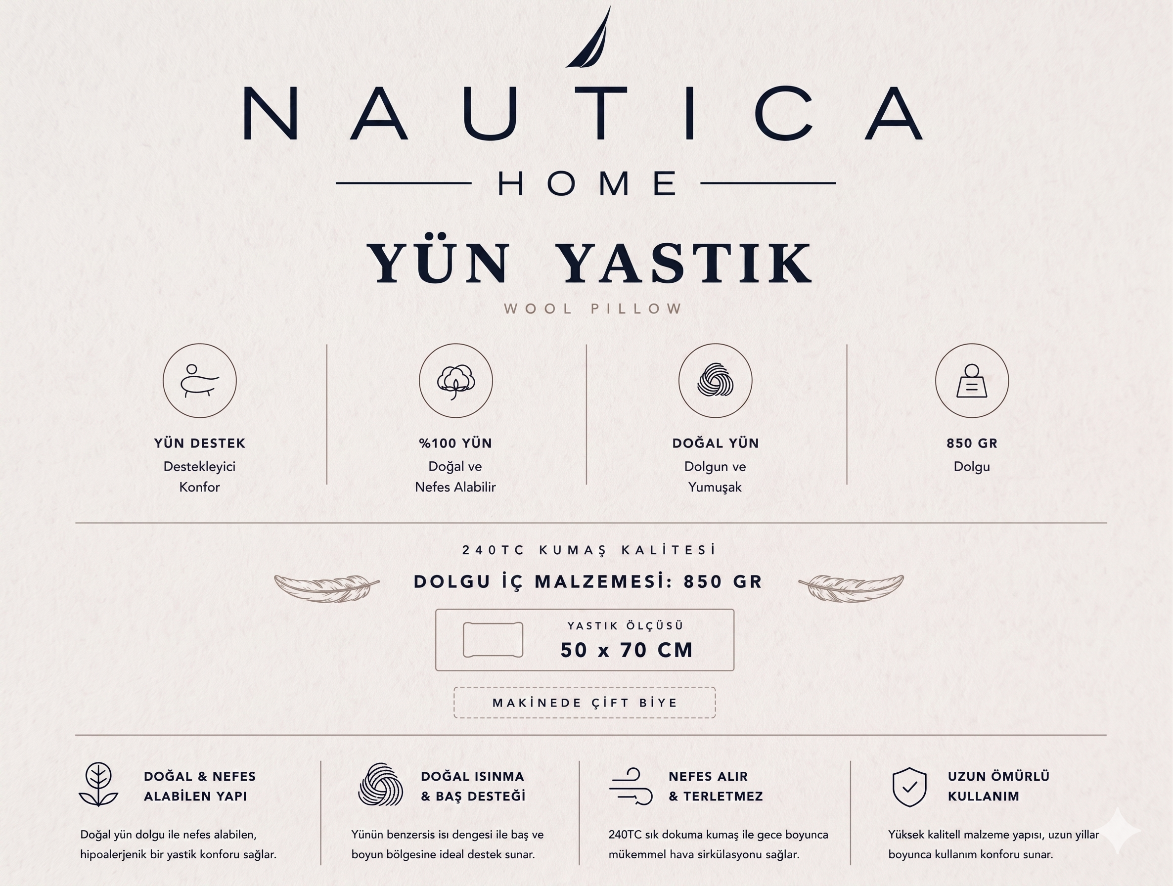 NAUTICA SEA BREEZE 100% DOĞAL YÜN YASTIK 50x70